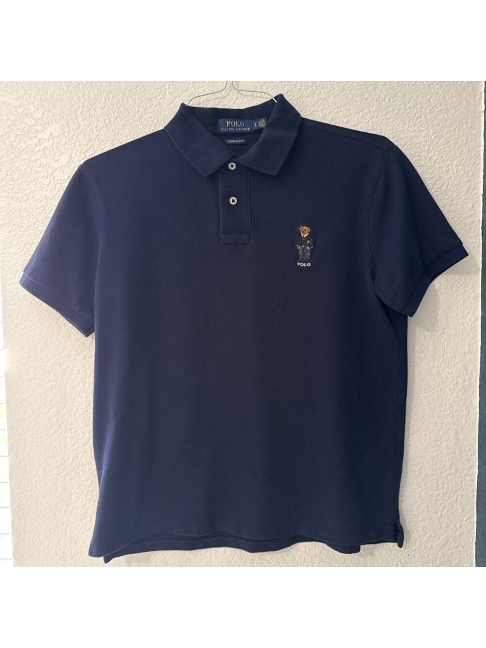 Polo Ralph Lauren Bear Embroidered Polo Men’s LG Navy Custom Slim Fit Cotton